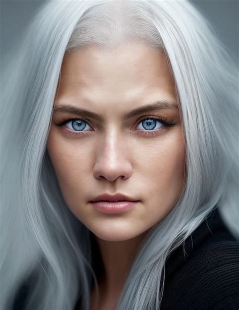 Premium AI Image | A woman with a silver hair and blue eyes looks at ...