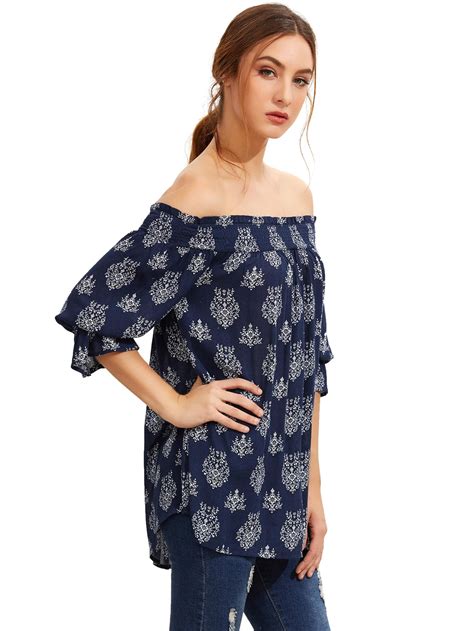 Printed Shirred Off The Shoulder Pleated Blouse Shein Sheinside