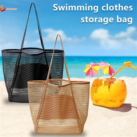 Mesh Tote Bag Large Mesh Beach Bag Reusable Beach Bag Waterproof Sandproof Base Shoulder Beach