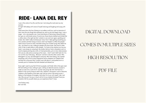 Ride Monologue Lana Del Rey Wall Print Instant Download - Etsy