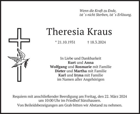 Traueranzeigen Von Theresia Kraus Trauer Merkur De