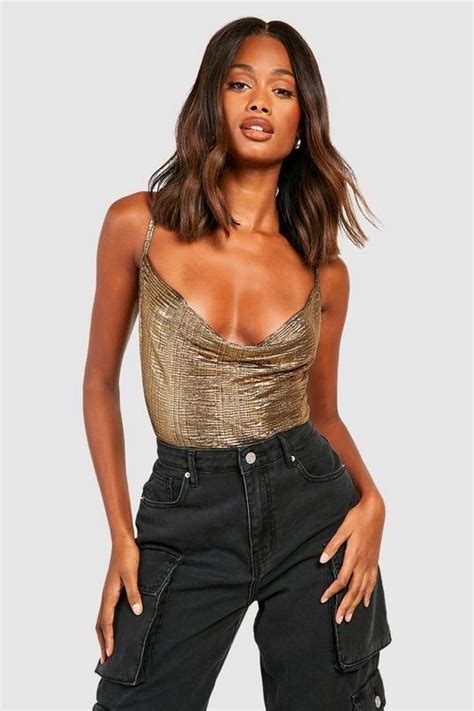 Gold Metallic Cowl Neck Bodysuit Boohoo Uk