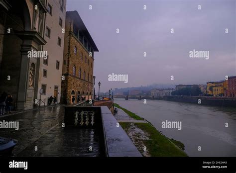 Florence Italy River Arno And Its Marina With Hotels Cafes