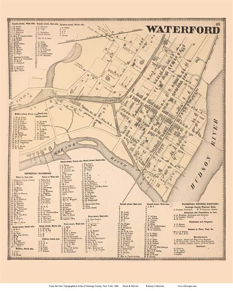 Waterford Village New York 1866 Old Town Map Reprint Saratoga Co