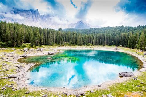 Beautiful View Of The Lake Carezza Karersee In Italy Stock Photo