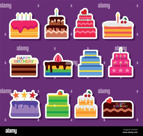 Wedding Or Birthday Vector Pie Cakes Stickers Icons Set Cake Sweets