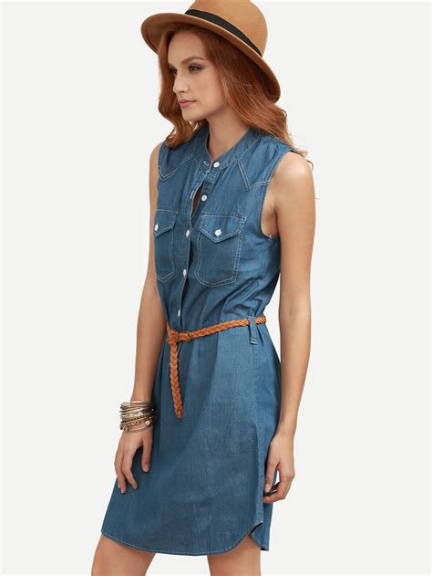 Blue Belted Sleeveless Denim Shirt Dress Shein Sheinside