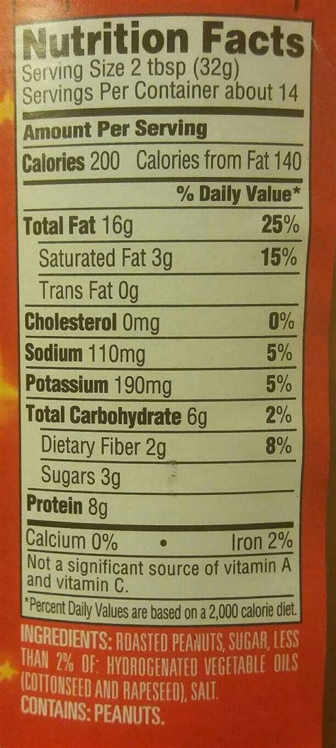 Peter Pan Peanut Butter Nutrition Label