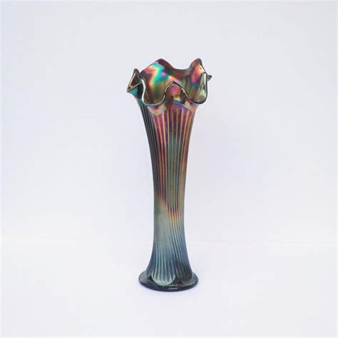 Fenton Iridescent Blue Carnival Glass Vase Fine Rib Ruffled Etsy Blue Carnival Glass