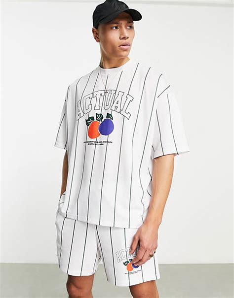 Asos Actual Oversized Striped T Shirt With Fruity Logo In White Part