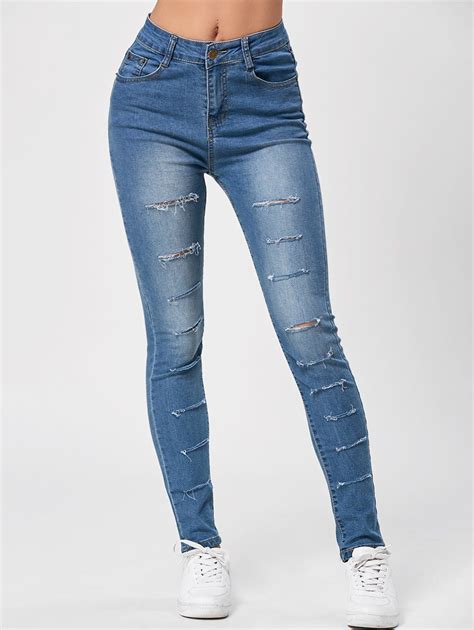 41 Off 2021 High Waisted Distressed Ripped Jeans In Blue Dresslily