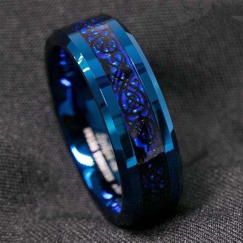 Mm Blue Tungsten Carbide Ring Carbon Fibre Black Celtic Dragon Men S