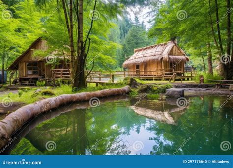 A Wooden Bathhouse Near A Small Hot Spring Pond Stock Photo Image Of Spring Pond 297176640