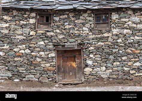 Traditional rural stone house in high mountains of Nepal; Sagarmatha national park, Solukhumbu ...