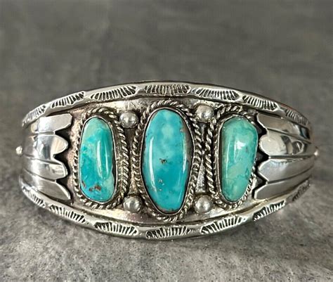 Vintage Wide Navajo Turquoise Sterling Silver Cuff Br Gem