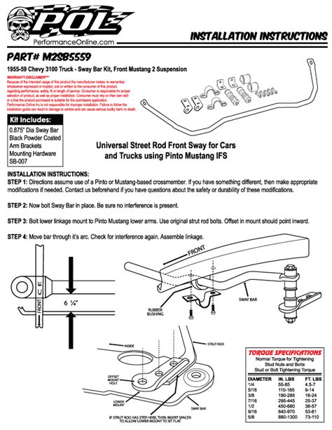 Sway Bar Kit Front Mustang 2 Suspension 1955 59 Chevy 3100 Truck