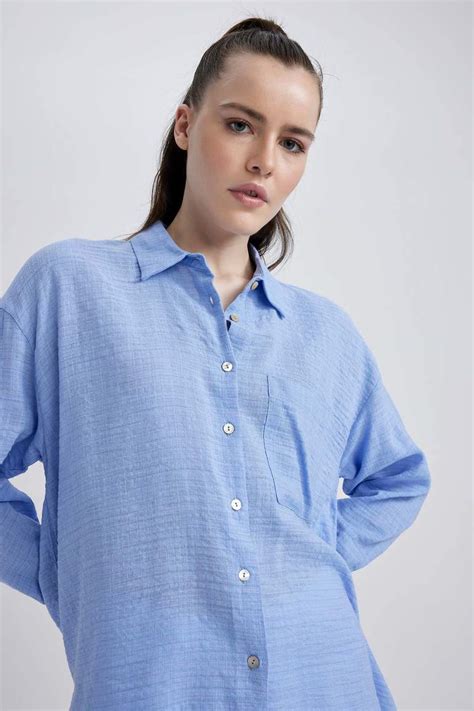 Blue Woman Oversize Fit Shirt Collar Linen Look Long Sleeve Shirt