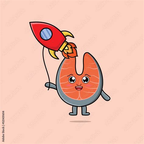 Cute Cartoon Fresh Salmon Floating With Rocket Balloon Cartoon Vector Illustration Stock Vector