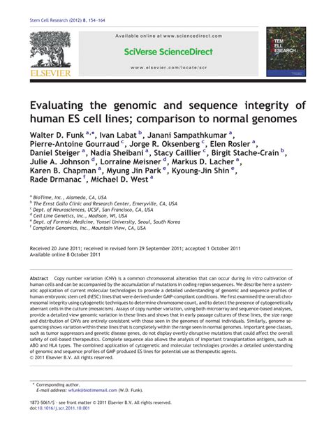 Pdf Evaluating The Genomic And Sequence Integrity Of Human Es Cell