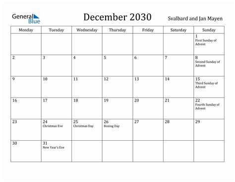 December Svalbard And Jan Mayen Monthly Calendar With Holidays