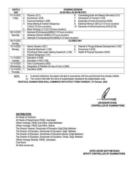 FBISE Federal Board SSC Part I II 2nd Annual Exams Date Sheet 2022