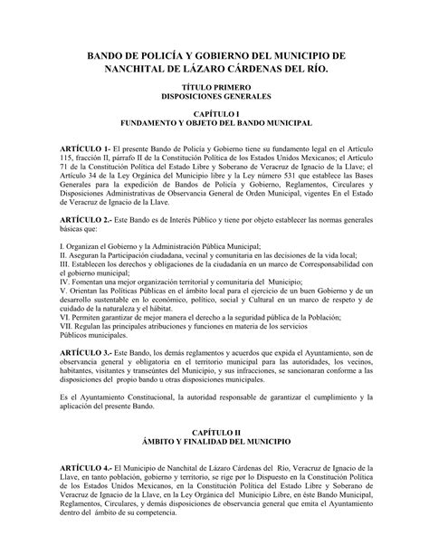 Bando De Policía Y Gobierno Del Municipio De Nanchital De Lázaro