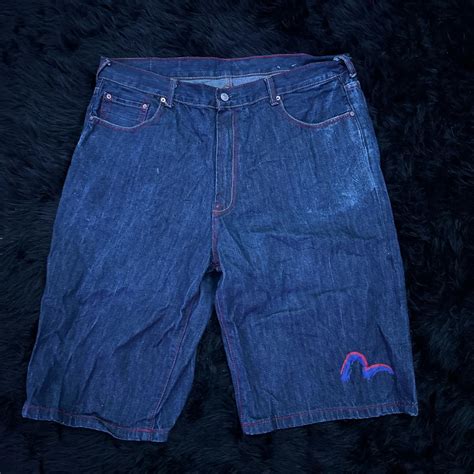 Rare Evisu Jean Shorts Jorts Sick Red And Blue Depop