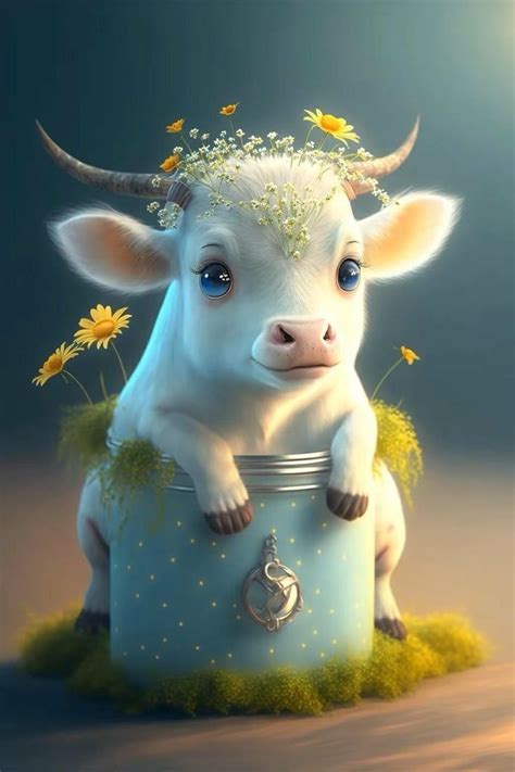 A Cow With Flowers On Its Head Sitting In A Blue Jar Filled With Grass