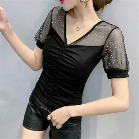 5843 Black Short Sleeve T Shirt Women V Neck Split Joint Mesh Diamonds Sexy Tight