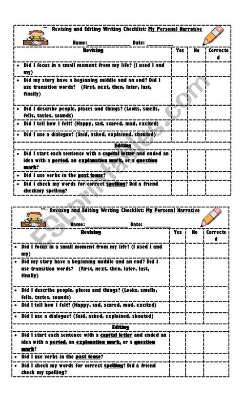 Personal Narrative Rubric Esl Worksheet By Vanedeakin84 Worksheets