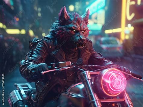 Futuristic Werewolf Cyberpunk Riding Motorcycles Generative Ai Stock