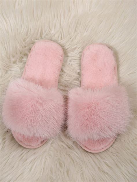 Women Fuzzy Panel Bedroom Slippers Preppy Pink Fuzzy Slippers Shein Usa