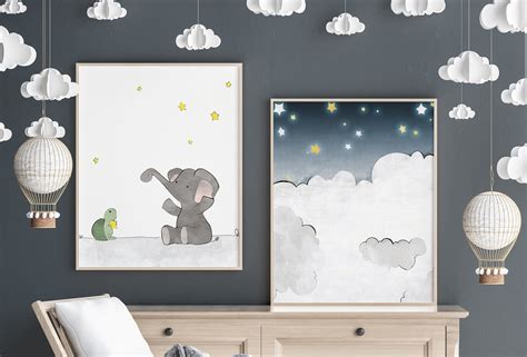 Elephant and Moon Art Prints Set of 4 Animal Nursery Art With | Etsy