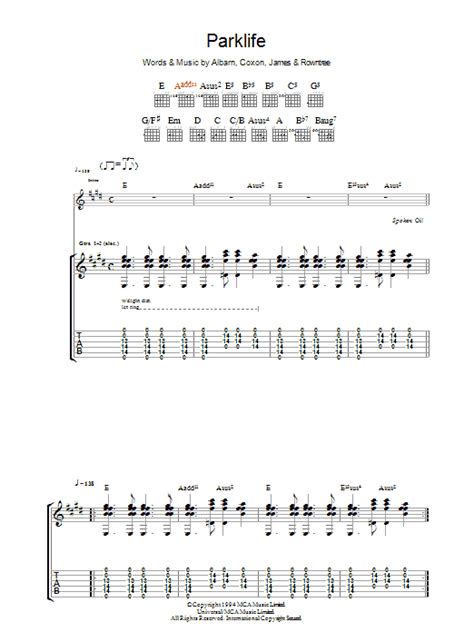 Parklife By Blur Sheet Music For Guitar Tab At Sheet Music Direct