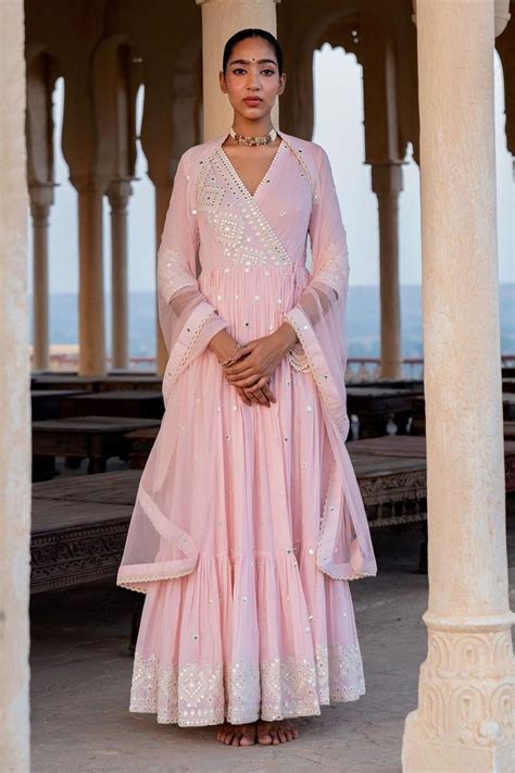 Buy PREEVIN Pink Diamond Angrakha Anarkali With Dupatta Online Aza