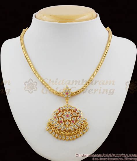 Traditional AD Ruby Stone Impon Attigai Necklace Swan Design Gold