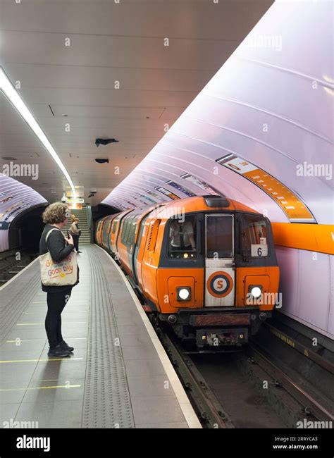 SPT subway train arriving at Glasgow Kinning Park Subway station on the ...