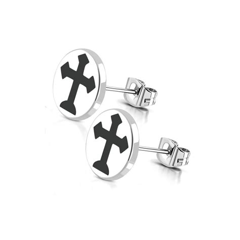 Paire Boucle D Oreille Homme Acier Noir Croix Latine Fermoir Papillon