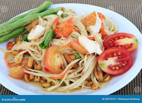 Thai Food Spicy Green Papaya Salad With Salted Egg Som Tum Thai Kai