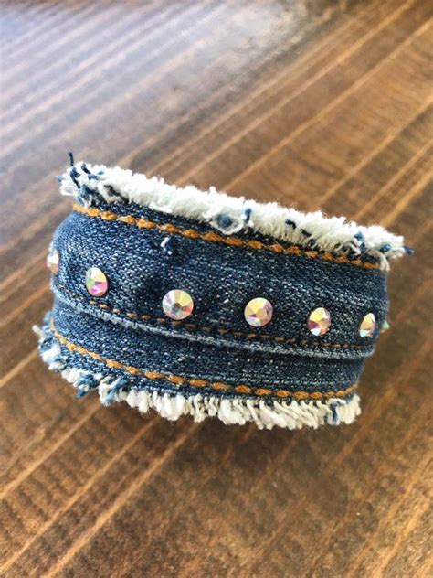 Denim Cuff Bracelet Denim Bling Boho Bracelet Modern Rustic Cuff