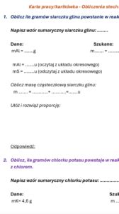 Kartkówka karta pracy Obliczenia stechiometryczne Złoty nauczyciel