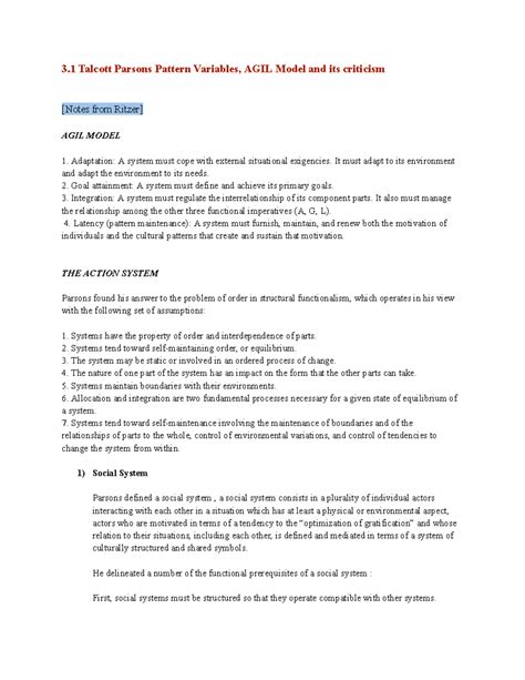 Sociology 2 Notes 3 Talcott Parsons Pattern Variables Agil Model And