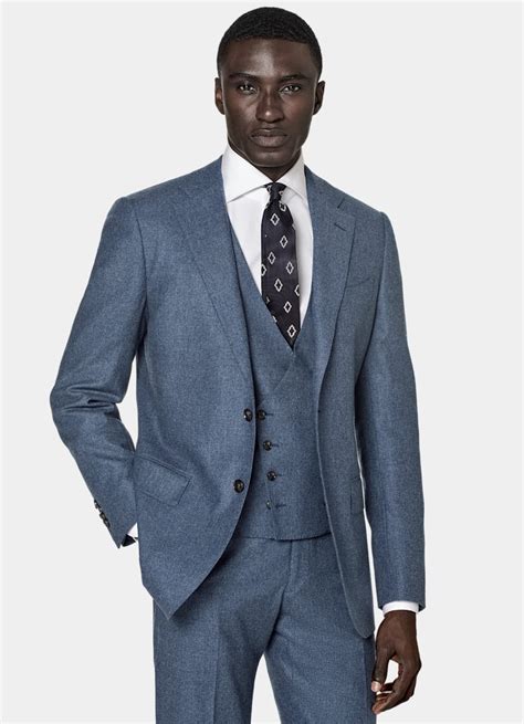 Mid Blue Three Piece Tailored Fit Lazio Suit In Wool Stretch