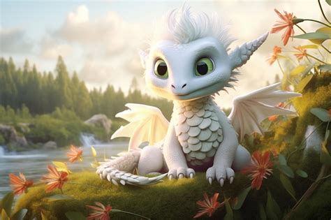 Premium Photo Cartoon White Dragon In A Flower Meadow