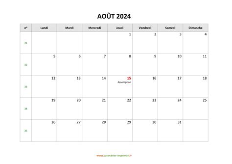 Calendrier Août 2024 à imprimer