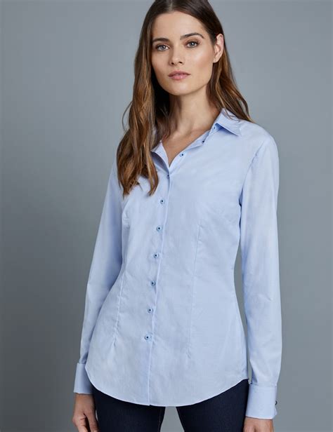 Bluse Slim Fit Baumwolle Manschetten Hellblau Wei Hawes