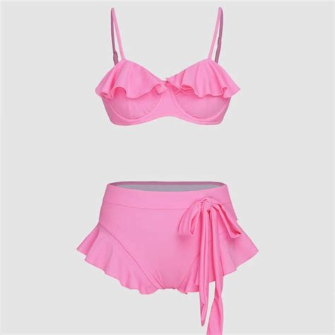 CIDER Solid Ruffle Hem Bikini Swimsuit Bikini Top Depop