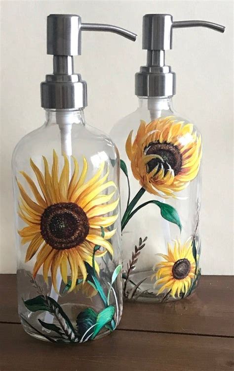 Sunflower Soap Dispenser Hand Painted Glass Floral Unique Etsy