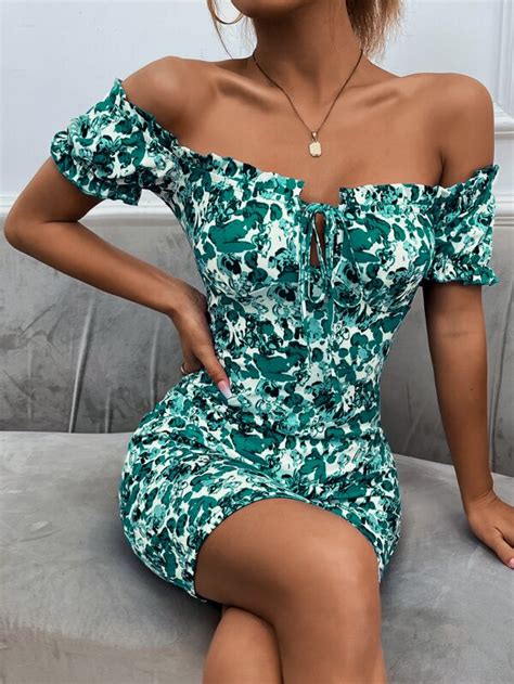 Shein Vcay Vestido Apertado Impress O Floral Fora Do Ombro Acabamento