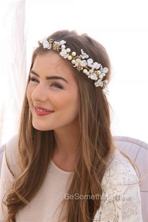 Ivory Flower Crown Of Delicate Flowers And Gold Accents Boho Wedding